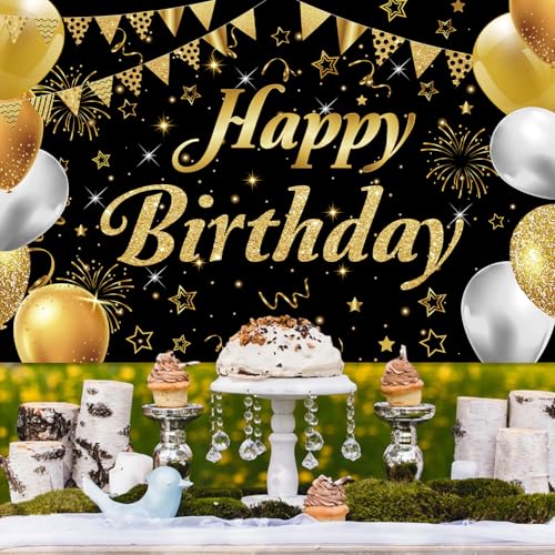 Image of Happy Birthday Banner - Decorations for Men Women Party Welcome Background Sign, Indoor Outdoor (Gold-A)