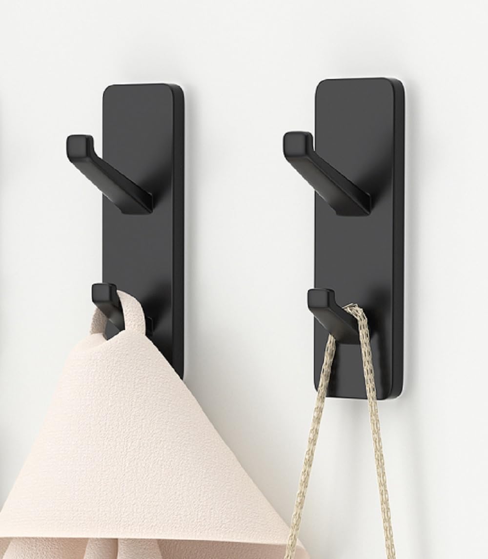 Self Adhesive Hooks for Hanging - Adhesive Hooks Safely Holds Up to 6kg, Stick on Hooks Heavy Duty, Coat Hook, Shower Hooks,Towel Hooks for Bathroom,Wall Hooks for Hanging Towel Hat Key, Black, 2 Pack