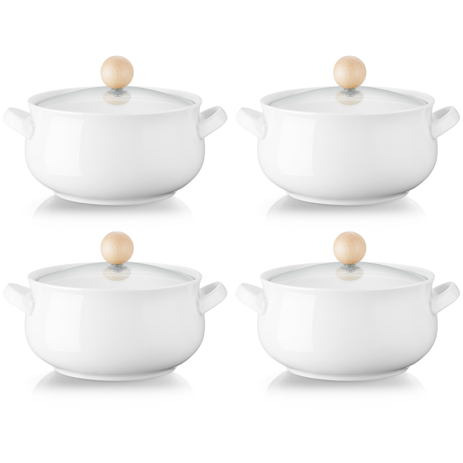 ALELION Small French Onion Soup Bowls, 16 OZ Soup Crocks with Double Handles and Glass Lids, Oven Safe Soup Bowls for Stew Chili Cheese Pot Pie Casseroles, Set of 4, White