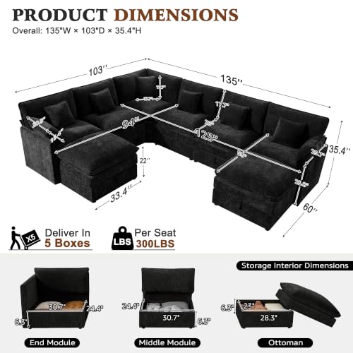Image of Ihanherry Oversized Modular Sectional Sofa with Storag, 8-Seater V Shaped Cloud Couch with Movable Ottomans, Chenille Deep Seat Corner Couches for Living Room (Black)