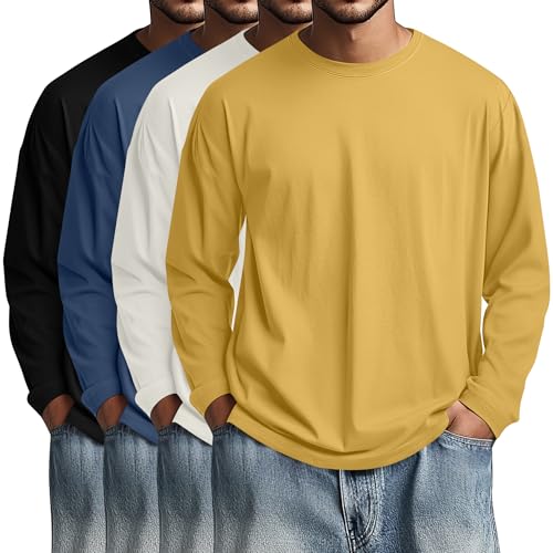 Image of August Alley 4 Pack Men's Big and Tall Cotton Shirts L-7XL, Long Sleeve Oversized Tops Loose Casual Large T-Shirts Basic Tee