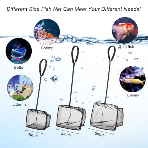 Image of Lpraer 4in 5in 6in Aquarium Fish Net Green Fine Mesh Nylon Net Collection with 11 inch Long Handle Square Quick Catch Fish Net for Fish Tank