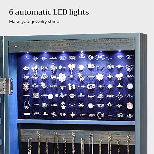 SONGMICS 6 LEDs Mirror Jewelry Cabinet, 47.2-Inch Tall Lockable Wall or Door Mounted Jewelry Armoire Organizer with Mirror, 2 Drawers, Christmas Gifts,3.9 x 14.6 x 47.2 Inches, Rustic Blue UJJC93IN