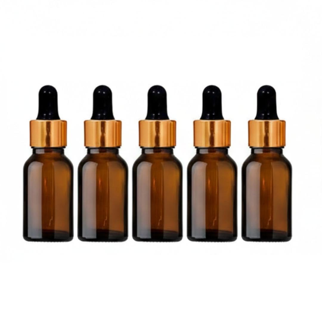Brand 15 ml Amber Round Empty Glass Bottle I Dropper Bootle I Golden Ring I Silicon White Teat, Refillable, For Essential Oils, Perfumes (5)-image-36