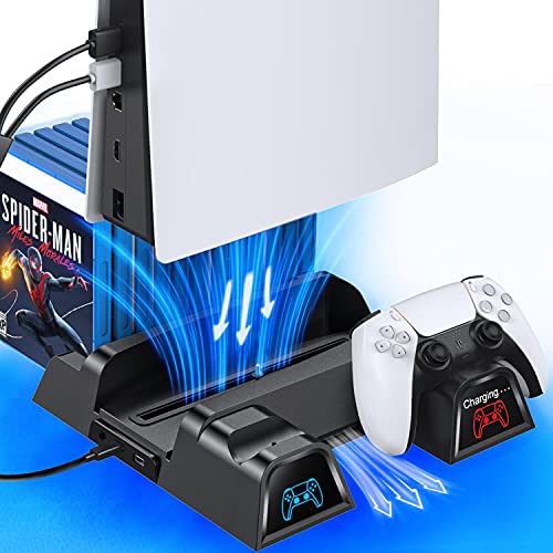 OIVO PS5 Cooling Stand with Charging Station and Suction Cooling Fan,Dual Controller Charger Station,Must Have Accessories for Playstation 5 PS5 Console,Charging Dock Station and 12 Game Slots