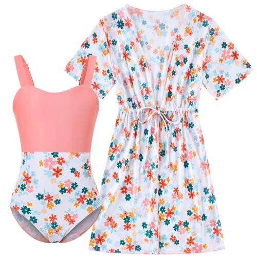 Image of Funnycokid Girls Bathing Suits One Piece Swimsuit with Cover Up Kids Swim Suit Size 8-16