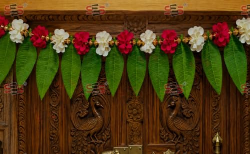 Image of S2S Artificial Mango Leaves Toran with Pink & White Flowers (1 Pcs) (40 Inch Length) | Hanging Toran for Main Door | for Wedding, Diwali, Ganpati, Pooja, Temple & Mandir Decor
