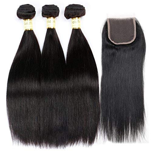 Goldfinch Hair Brazilian Virgin Straight Hair Weave 3 Bundles with 1 Piece Closure 100% Unprocessed Human Hair Extensions With Brazilian Lace Closure(14" 16" 18" weft + 12"closure)