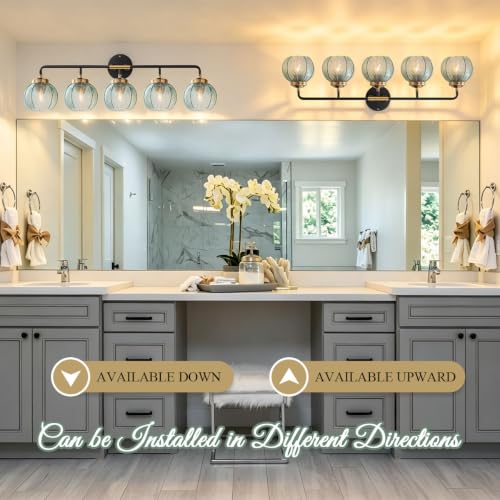 Image of 5-Light Bathroom Vanity Light Green Wall Lights Glass Globe Shade