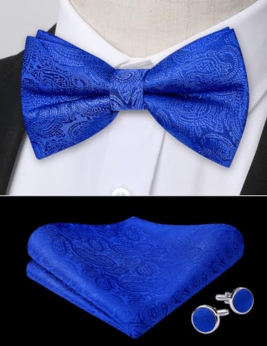 Image of HISDERN Bow Ties for Men Pre-Tied Bow Tie Floral Paisley Handkerchief Classic Formal Bowtie and Pocket Square Cufflinks Set