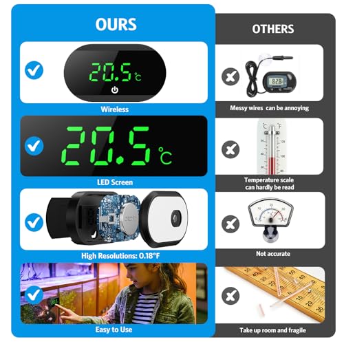 Aquarium Thermometer, Mini Aquarium Thermometer Digital, LED-Anzeige mit ℃/℉Schalter, Hochpräzisions-Temperatursensor, Kabelloses Wasser Thermometer für Süßwasser Meeresaquarien - Schwarz
