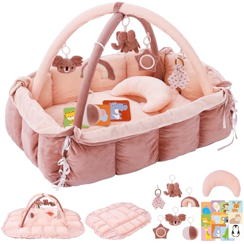Image of 5-in-1 Plush Baby Play Gym & Activity Mat, Baby Play Mats, Baby Gym with Convertible Design, Tummy Time Mat with Pillow, 6 Sensory Toys for Newborn to Toddler, Pink