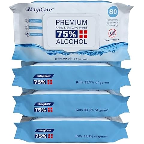 MagiCare 75% Alcohol Hand Sanitizing Wipes (4-80ct Packs) - Premium, Unscented Large Alcohol Wipes - Travel, Home, Classroom, Camping Alcohol Hand Wipes - 4 Soft Packs (320pcs) Cover