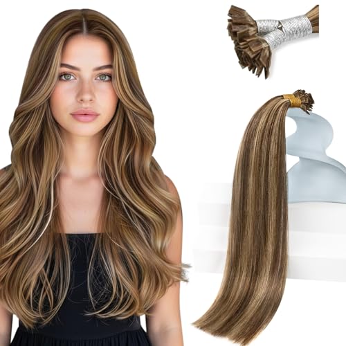 Sunny Hair Ktip Human Hair Extensions Dark Brown Mix Caramel Blonde 18inch K Tip Hair Extensions...