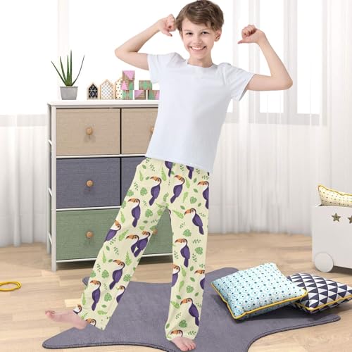 Boy's Pj Pants Tropical Bird Purple Toucan Leaf Lounge Bottoms Elastic Waist Kids Joggers with Pockets Size 6-144