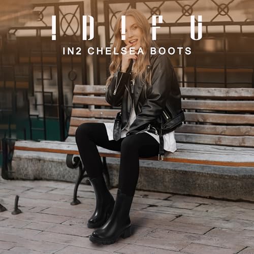 IDIFU IN2 Chelsea Ankle Boots for Women Low Short Block Chunky Heel Mid Calf Slip On Lug Sole Platform Fall Dress Booties Ladies Fashion Comfortable Casual Cute Trendy Elastic Thick Boots2