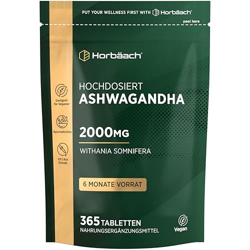 Ashwagandha Tabletten 2000mg | 365 Vegane Stk | Hochdosierte Formel | Reiner 20:1 Wurzelextrakt pro Tag | von Horbaach