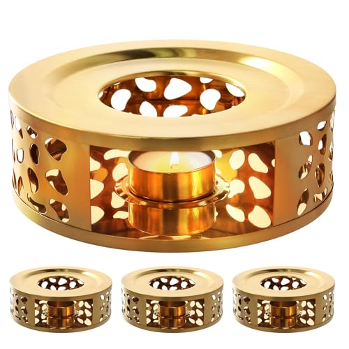 HOIGON 3 PCS Teapot Warmer, Stainless Steel Brushed Tea Pot Warmer Base with Tealight Candle Holder, Gold