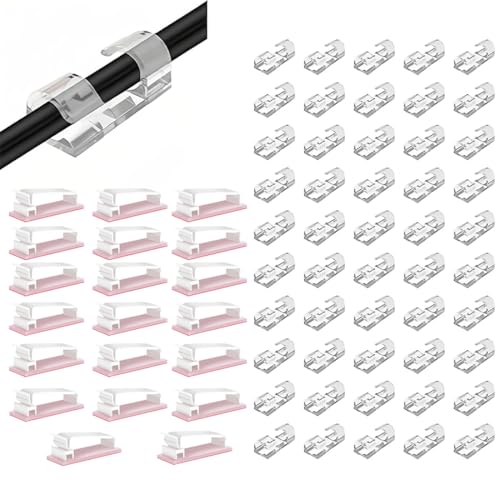 70 Piezas Sujetacables Autoadhesivos, 50 Sujeta Cables Pequeños + 20 Sujeta Cables Grandes, Grapas Cable Pared Adhesivo, Organización Cables, Sujetacables para el hogar, la oficina, transparente