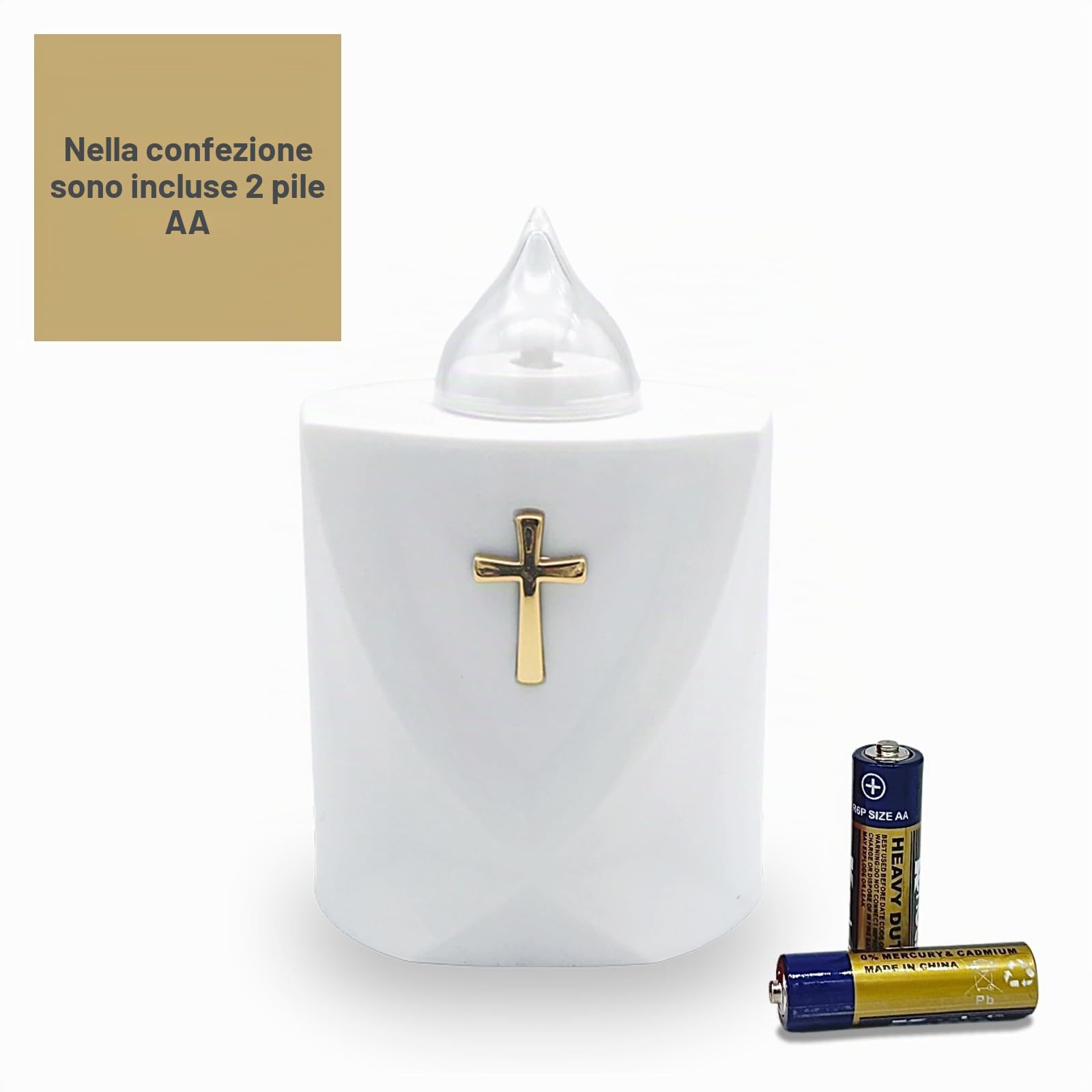 AROBA Candela funeraria a LED, effetto tremolante, lunga durata di combustione fino a 120 giorni, candela da cimitero riutilizzabile, croce sacra bianca
