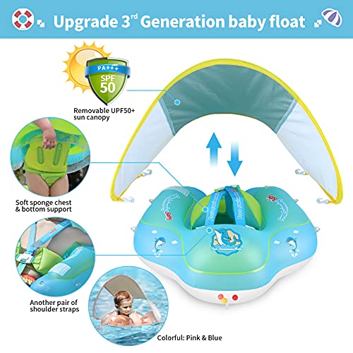 Free Swimming Baby Inflatable Baby Swimming Pool Float with Sun Protection Canopy (Blue, XL)