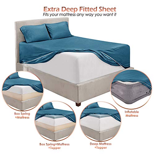 Image of Hearth & Harbor Extra Deep Pocket Sheets - 4 Piece Hotel Luxury Bed Sheets Set Fits Up to 24 inch Mattress - Ultra Soft Luxury Bed Sheet Set - Soft & Breathable, Cal King, Blue Heaven | 4 Piece Bed Sheet Set, Ultra Soft & Breathable, Fits Up to 24 inch Mattress, Hotel Luxury