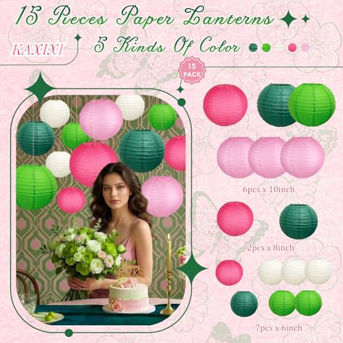 Image of 15-Piece Pink Green White Paper Lanterns Party Decorations