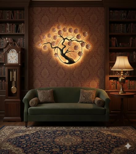 Image of Bharat Art Metal Tree Wall Art with LED Light for Living Room - Handcrafted Iron Tree Wall Hanging Home Decoration for Bedroom, Hall, Office & Entrance (SunMoon) (WD069) (30.5X2X46 Inches)
