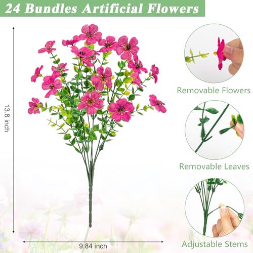 Image of Bassion 24 Bundles Artificial Flowers for Outdoors Fake Flowers, Fuschia