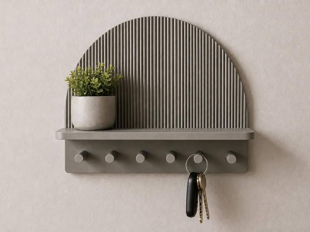 Semicircle Wall Shelf & Key Holder | 3D Printed Arched Entryway Organizer with 5 Key Hooks | Ribbed Décor Shelf for Hallway, Bedroom & Office | Dual Mount: Screws or Adhesive Tape | Matte Sage Grey-image-46