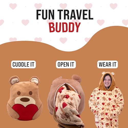 Image of Wearable Blanket Hoodie - Teddy Hearts 2-in-1 Blanket Hoodie for Adults - Oversized Sweatshirt with Pocket - Heart Print Reversible Hoodie & Travel Pillow