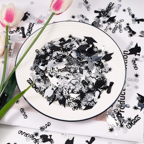 Image of Silver and Black Graduation Confetti 2026, 1000 Pcs Class of 2026 Table Centerpiece Grad Confetti for 2026 Graduation Party Decorations Supplies