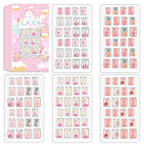 Laza 120pcs Children Nails Press On Pre-glue Full Cover Gradient Colorful Flower Beach Coconut Tree Crown Pink Grid Short False Nail Kits for Kids Teenager Girls - Flamingo