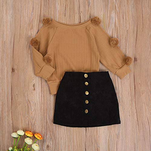 Image of Kids Toddler Baby Girl Fall Winter Outfit Long Sleeve Pompom Knitted Shirt Sweater Top Button Skirt 2PCS Clothes Set