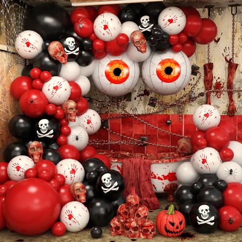 Blutiger Horror Halloween Ballon Girlande Bogen Kit, Gruselige Rot Schwarz Blutige Hand Schädel Latex Ballons Augapfel Ballon für Horror Gruseliges Spukhaus Halloween Geburtstag Party Dekoration