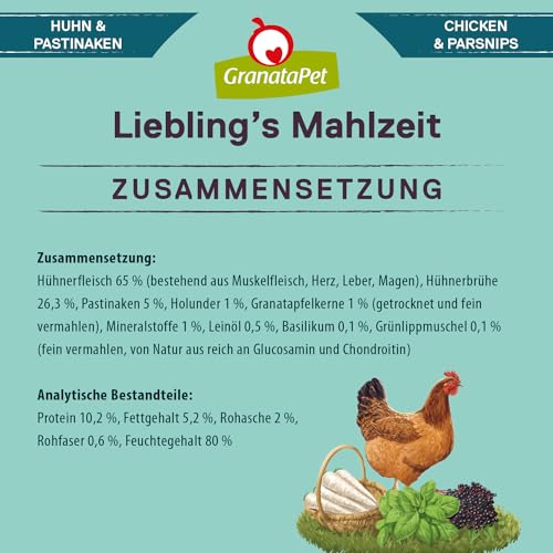 GranataPet Liebling's Mahlzeit Huhn & Pastinaken, Nassfutter für Hunde, Hundefutter ohne Getreide & ohne Zuckerzusätze, Alleinfuttermittel, 6 x 400 g
