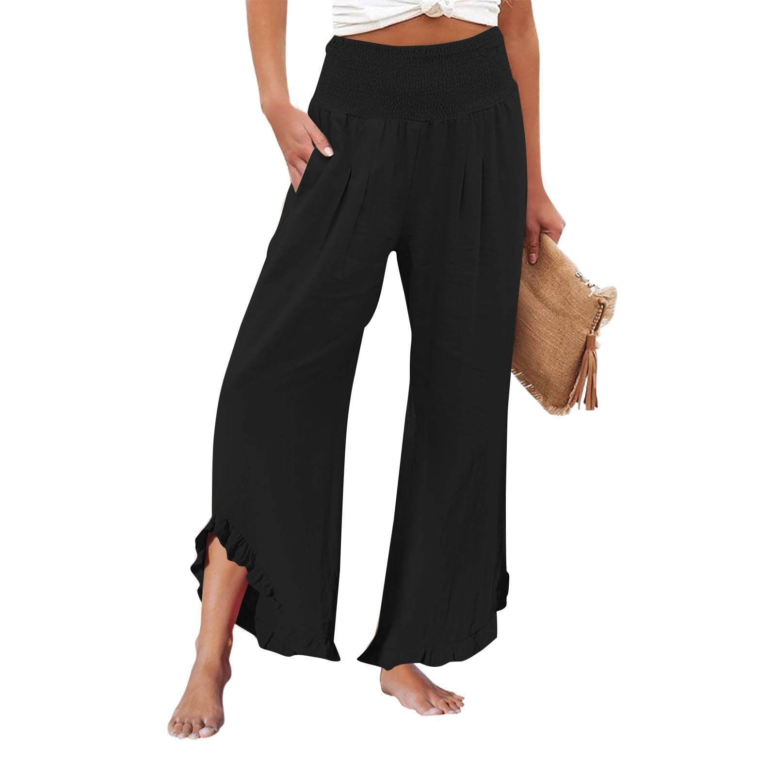 Wide Leg Linen Pants for Women Summer Wide Leg Pants Smocked Waist Ruffle Hem Palazzo Pants Boho Beach Pants with Pockets High Waist Summer Pants Vacation Flowy Lounge Pants Summer Pants For Woman