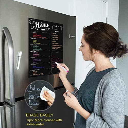 MoKo Magnetic Menu Board for Kitchen Fridge with 8 Color Chalk Markers, 16"x12" Dry Erase Weekly Meal Planner and Grocery Shopping List Notepad Chalkboard for Refrigerator - Black