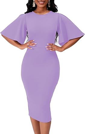 Womens Bodycon Ruffle Flared Short Sleeve Work Midi Dress Business Office Casual Pencil Dress