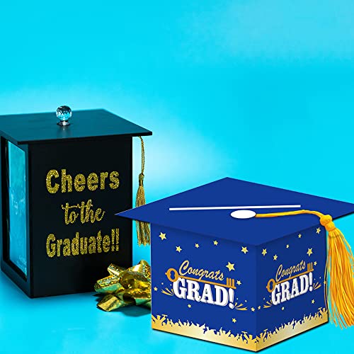 Image of 2026 Graduation Party Card Box, Blue Gold Congrats Cap Card Holder Box with Tassel for 2026 Graduation Party Decoration