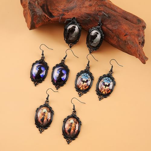 4 Pairs Gothic Mystery Witch Cameo Halloween Earring for Women Vintage Crystal Glass Witch Dangle Earring Punk Style Victorian Earring4