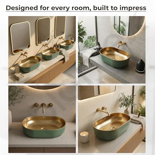 Image of Plantex Designer Wash Basin for Bathroom /Ceramic Table Top Washbasin /Countertop Vessel Sink Basin - (Green Gold, 22 x 13 x 6 Inch)