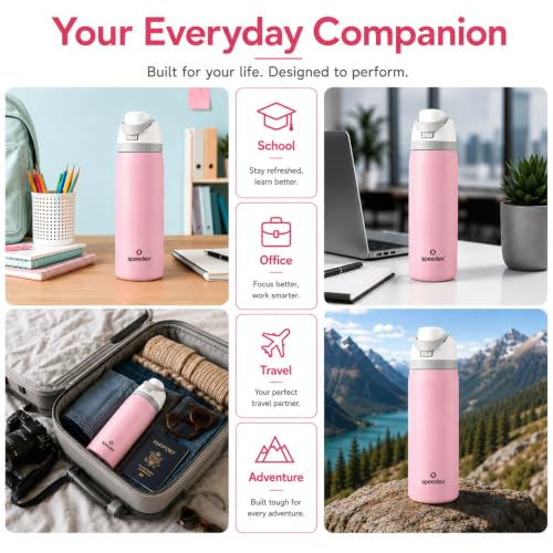 Image of Speedex Coral 1000 Stainless Steel Vacuum Insulated Water Bottle 950ml | Thermosteel Flask | Hot 18Hr Cold 24Hr | Flip Straw Lid Sipper | Kids Boys Girls Men Women Office School Gym Travel | Pink