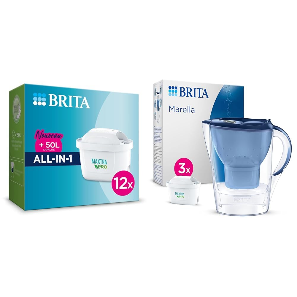 BRITA Pack de 12 cartouches filtrantes MAXTRA PRO All-in-1 - Nouveau MAXTRA + & Carafe filtrante Marella bleu (2,4L) inclus 3 cartouches filtrantes MAXTRA PRO All-in-1