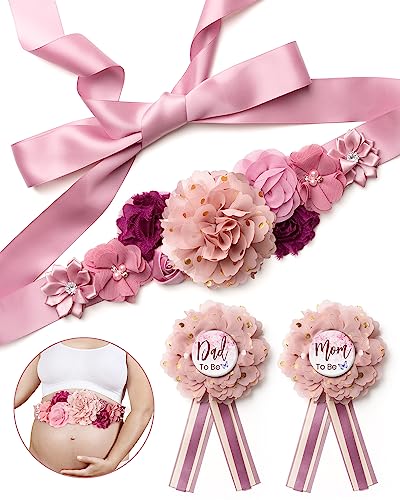 Image of Baby Shower Sash Decorations Mom to Be Corsage Gift Dad to Be Pin 3Pack Set Flower Belt for Maternity Dress - Gender Reveal Pregnancy Photo Props