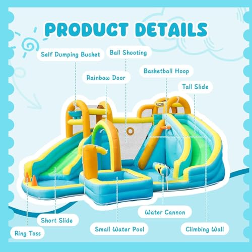 Inflatable Water Slide, Bounce House with 2 Slide for Kids, Inflatable Waterslide Park with Splash Pool, Basketball Hoop, Ball Shooting & Water Cannon for Backyard, Outdoor, Indoor
