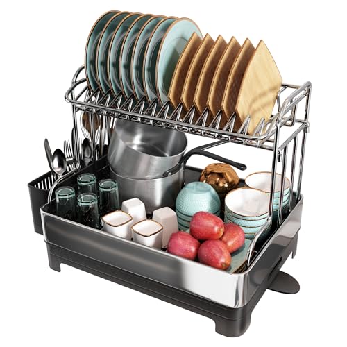 romision 2 Tier Dish Drying Rack, Large Dish Rack with 360° Swivel Spout, 304 Stainless Steel Dish Drainer Rack, Draining Board Rack for Kitchen Counter with Utensil Holder, Silver