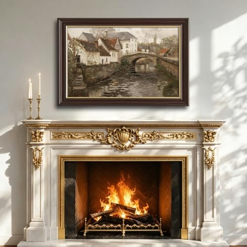 Image of Vintage Framed Canal Town Landscape Canvas Wall Art, Antique European Village Bridge Painting, Rustic Neutral Tone Wall Decor for Living Room Bedroom Home Aesthetic