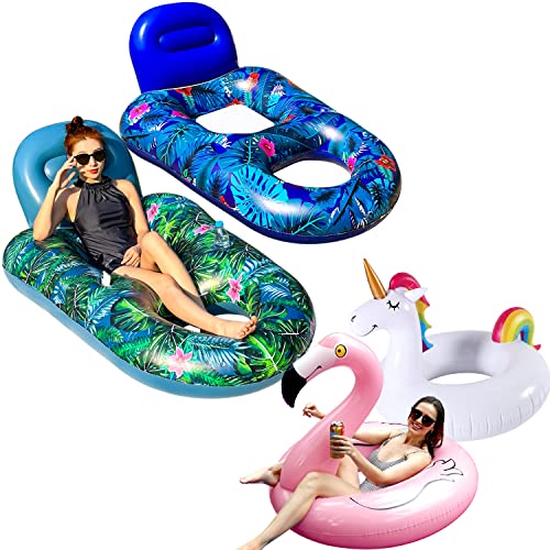 Finduwill 4Pack Pool Floats Raft Adults - 2 Pack Pool Floaties With Headrest And 2 Pack 42'' Inflatable Pool Floats Flamingo Unicorn Swim Tube Rings, Beach Floaties, Pool Float Raft Lounge For Adults #TOP27