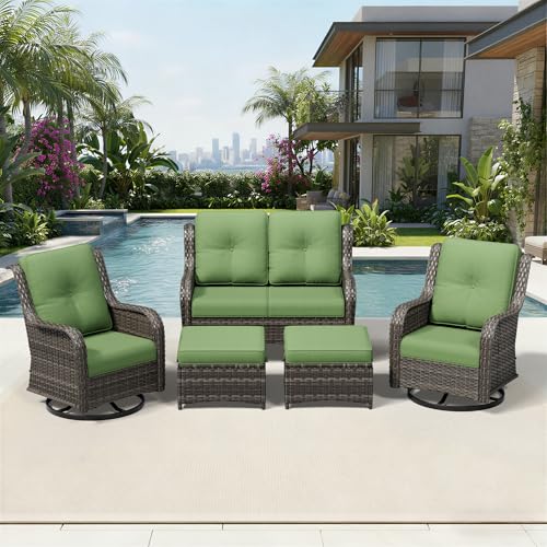 Image of Joyside 5 Piece Wicker Patio Furniture Set, Outdoor Swivel Rocker Patio Chairs with High Back, Deep Seating, Wide Armrest, Thickened Cushions, Outdoor Furniture for Deck, Porch Use